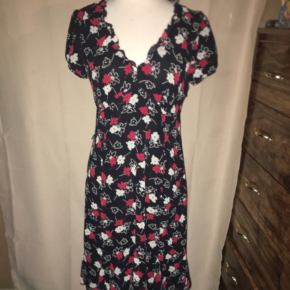 Ann Taylor LOFT‎ Floral Midi Dress Size 6 Black Red White Side Zip